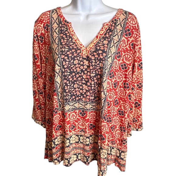 Lucky Brand Women's Floral Mandala Print 3/4 Sleeve Top Size 3X Boho Hippie - Picture 1 of 10